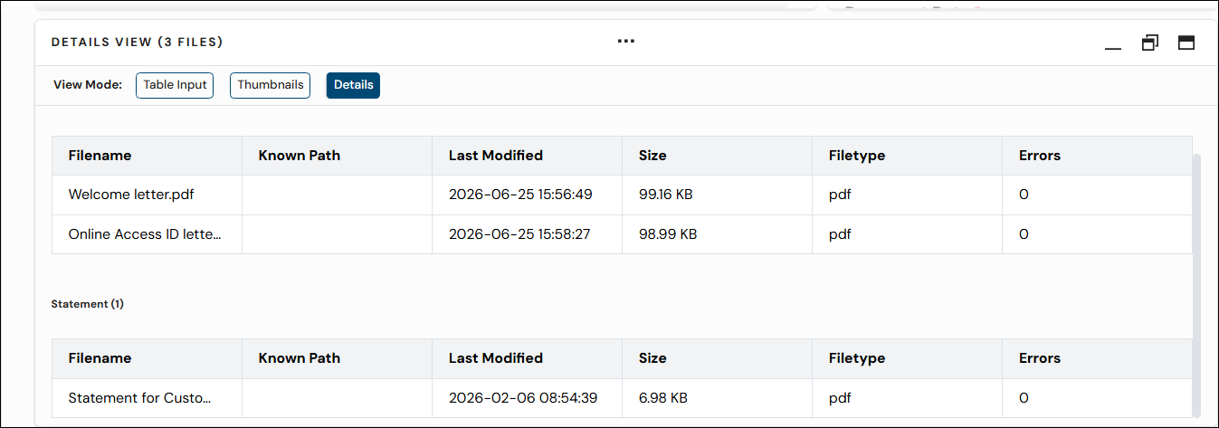 Two document-definition-specific tables containing upload file details displayed with the Details view mode button selected.